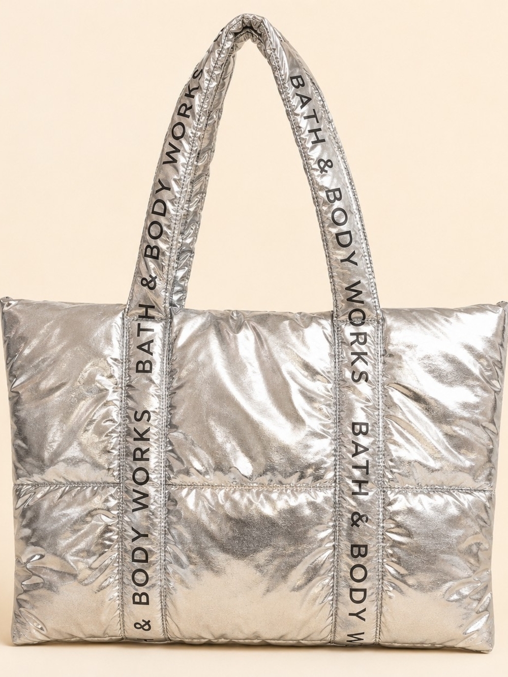 NWT Bath & Body Works Silver Metallic Puffer Tote Travel Gym Bag